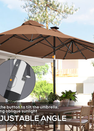 Double-sided Patio Umbrella, 9.7 ft. Outdoor Umbrella with 45-Degree Tilt and Crank, LED Solar Light and 12 Ribs, Coffee