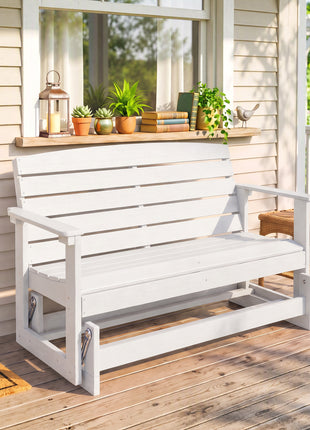 Patio Glider Bench w/ HDPE Slatted Double Rocking Chair, White