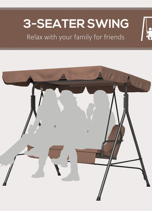 Large Family Swing Set, 3-Seat Adjustable Canopy Swing Bench with Cushion, Steel Frame Stand for Patio, Garden, Family Use, Brown
