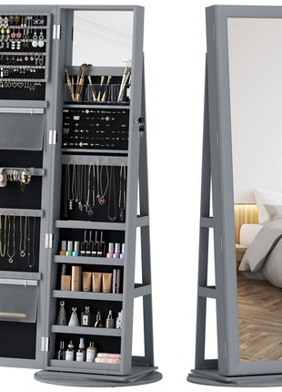 360° Swivel Jewelry Armoire, Lockable Jewelry Cabinet with Full-Length Mirror, Storage Shelves, Gray