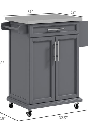 Kitchen Island on Wheels, Rolling Kitchen Cart with Stainless Steel Countertop, Drawer, Towel Rack and Spice Rack, Utility Storage Trolley, Gray