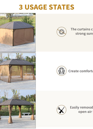 10' x 13' Hardtop Gazebo with Curtains, Netting, Pavilion with Steel Roof Ceiling Hook for Garden Patio, Brown
