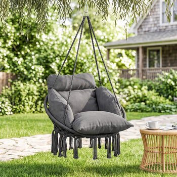 Hammock Swing Chair, Macrame Hanging Chair with Large Cushion, Chain, Steel Frame for Indoor Outdoor Use, Dark Gray