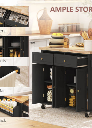 44" Mobile Kitchen Island Table, Kitchen Island Cart on Wheels with Storage Cabinets, 2 Drawers, Black