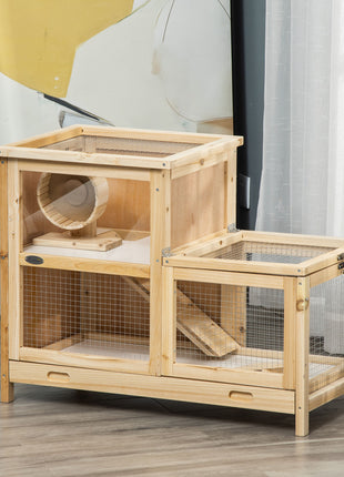 2-Tier Wooden Hamster Cage, Small Animals Hutch, w/ Seesaw, Tray