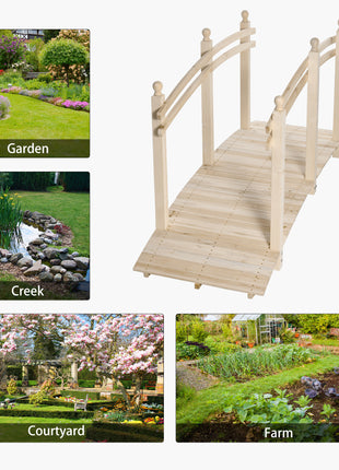 Wooden Arch Garden Bridge, Safety Rails for Backyard Ponds, Creeks, Streams, 7.5' , Natural