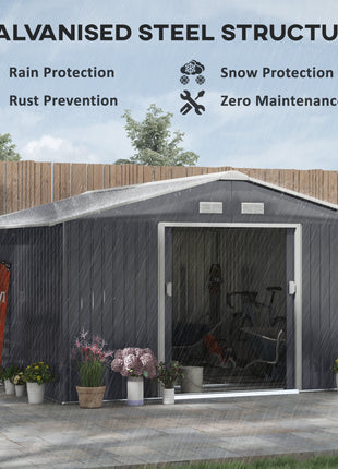 11' x 13' Garden Metal Shed, Storage Shed Utility Storage with Double Locking Doors for Bike, Yard Tools, Dark Gray