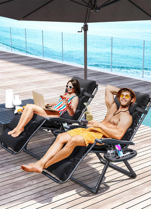 Zero Gravity Lounge Chair Set, 2 Pieces Reclining Folding Outdoor Lounge Chairs with Cushion, Headrest, Side Tray, Black