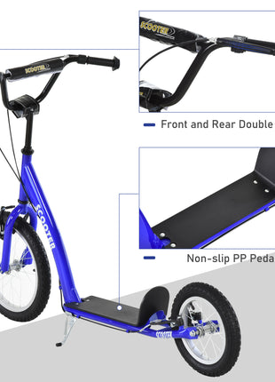 Youth Scooter Kick Scooter for Kids 5+ with Adjustable Handlebar 16" Front and 12" Rear Dual Brakes Inflatable Wheels, Blue