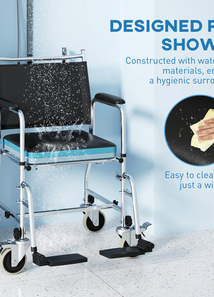 Rolling Shower Chair, Bedside Commode Wheelchair with Padded Seat, Backrest, for Seniors, Disabled, 300 lbs, Black