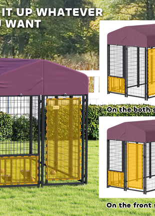 Welded Wire Outdoor Dog Kennel with 360° Rotating & 4 Levels Adjustable Bowls, Waterproof Cover, 7.9' x 4' x 6'