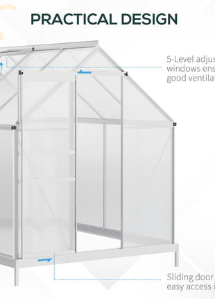8' x 6' Aluminum Outdoor Greenhouse, Polycarbonate Walk-in Garden Greenhouse Kit with Adjustable Roof Vent, Rain Gutter and Sliding Door for Winter, Silver