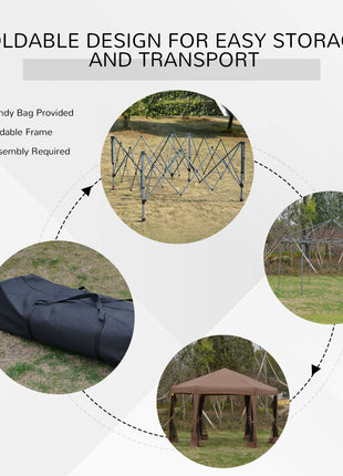 13' x 11' Hexagonal Pop Up Gazebo, Heavy Duty Outdoor Canopy Tent with 6 Mesh Sidewall Netting, 3-Level Adjustable Height and Strong Steel Frame, Brown