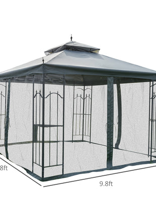 118" x 118" Steel Outdoor Patio Gazebo Canopy with Removable Mesh Curtains, Display Shelves, & Steel Frame, Gray
