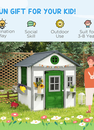 Wooden Playhouse for Kids Outdoor with Doors, Windows, Planter Pots and Boxes for Toddlers 3-8 Years, White