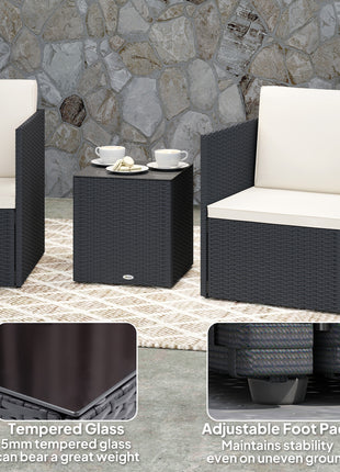 Folding Wicker Bistro Set, 3 Piece Patio Furniture Set with Cushions and Glass Coffee Table for Porch, Balcony, Black
