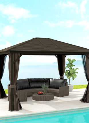 10' x 12' Hardtop Gazebo with Curtains and Netting, Gazebo Canopy with Aluminum Frame and Hooks, Coffee