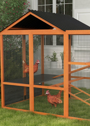 Wooden Chicken Coop Run for 6 - 10 Chickens, Hen House Add-On with Storage, Perches, 141.75" x 48" x 61", Orange