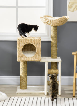 Cattail Weave Cat Tree for Indoor Cats Kitty Tower with Rattan Cat Condo, Wicker Bed, Ladder, Washable Cushions, 22.5" x 14.5" x 39.5", Natural