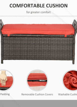 29 Gallon Patio Wicker Storage Bench, Outdoor PE Rattan Furniture, 2-In-1 Large Capacity Rectangle Garden Storage Box with Handles and Cushion, Red
