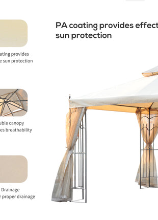 10' x 10' Patio Gazebo with Corner Frame Shelves, Double Roof Outdoor Gazebo Canopy Shelter with Netting for Patio, Wedding, Catering & Events, Cream White