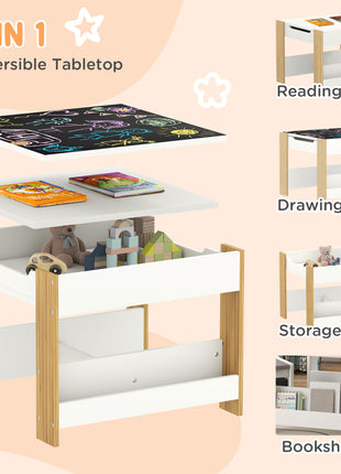 3pc Kids Table and Chair Set with Reversible Tabletop Blackboard, Storage & Bookshelves, Natural