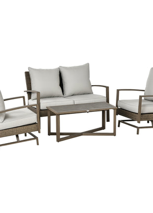 4 Piece Wicker Patio Furniture Set with 2 Rocking Chairs, Loveseat Sofa, Outdoor PE Rattan Conversation Set with Cushions, Aluminum Table for Porch, Poolside, Light Gray