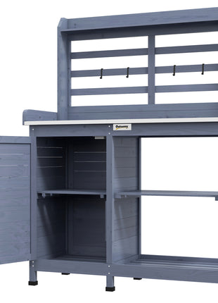 Wooden Potting Bench with Storage, Aluminum Tabletop for Backyard, Patio, Balcony, Gray