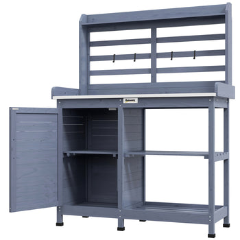 Wooden Potting Bench with Storage, Aluminum Tabletop for Backyard, Patio, Balcony, Gray