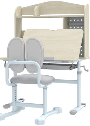Kids Study Desk and Chair Set with Adjustable Height, Tiltable Desktop, Hutch and Drawer for Ages 3-12, Gray