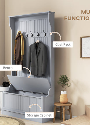 3-In-1 Entryway Bench with Coat Rack, Hall Tree with Bench and Shoe Storage, 5 Hooks for Hallway