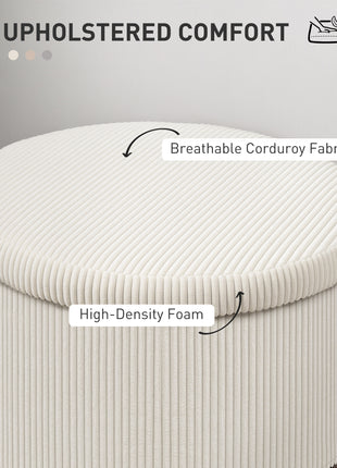 24 Inches Round Storage Ottoman Stool with Lid, Upholstered Corduroy Foot Rest for Living Room, Bedroom, Beige