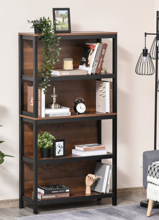 Shelves for Storage, 4 Tier Bookshelf Utility Organizer with Back Support and Anti-Topple Design, Walnut/Black