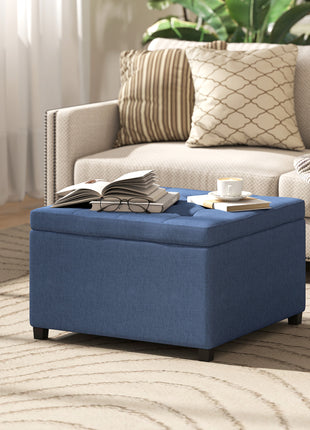 Round Storage Ottoman Bench, Button Tufted Ottoman with Flip Top for Living Room, Entryway and Bedroom, Blue