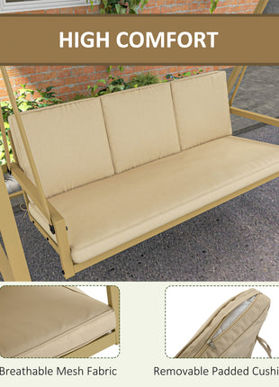 3-Person Patio Swing Chair, Outdoor Porch Swing with Adjustable Canopy, Removable Cushions for Garden, Backyard, Beige