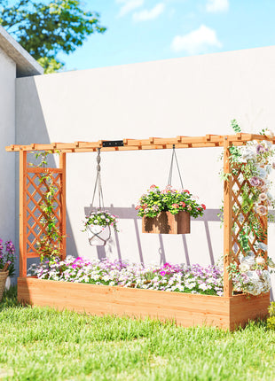Wooden Planter Box with Trellis, Hanging Roof and Drainage Holes for Climbing Plants, Vegetables, Herbs and Flowers