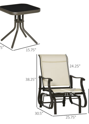 3-Piece Outdoor Gliders Set Bistro Set with Steel Frame, Tempered Glass Top Table for Patio, Garden, Backyard, Lawn, Beige