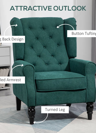 Wingback Accent Chair for Living Room, Button-Tufted Lounge Chair with Round Armrests and Wood Legs, Dark Green