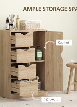 Freestanding Storage Cabinet, Bathroom Floor Cabinet with 4 Drawers and Door, Oak