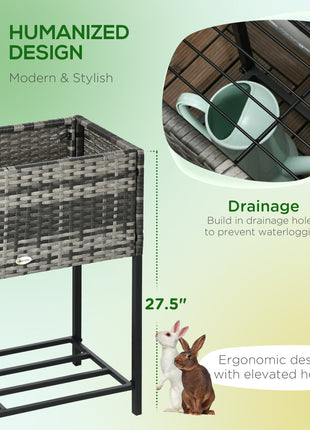 Raised Garden Bed, Elevated Planter Box with Rattan Wicker Look, Tool Storage Shelf, Portable Design for Herbs, Vegetables, Flowers, Gray