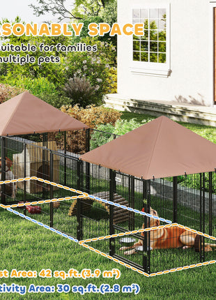 Large Outdoor Dog Kennel with 2 Rooms, Rotating & Adjustable Height Bowls, Waterproof & UV-Resistant Canopy