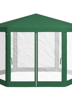 13' x 11' Outdoor Party Tent, Hexagon Sun Shade Shelter Canopy w/ Protective Mesh Sidewalls, Ropes & Stakes, Green
