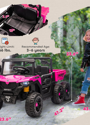 24V 4WD Kids Ride On Car with 6 Wheels Electric Ride On Car with Dump Bed, Remote for 3-6 Years, Pink