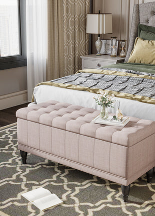 Storage Ottoman, Linen Fabric Button Tufted Storage Bench with Soft Close Lid for Living Room, Entryway or Bedroom, Beige