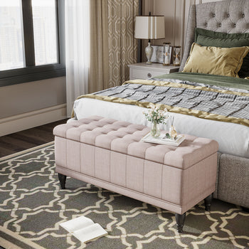 Storage Ottoman, Linen Fabric Button Tufted Storage Bench with Soft Close Lid for Living Room, Entryway or Bedroom, Beige