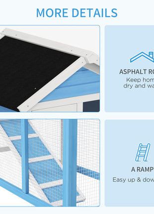 49" Wooden Rabbit Hutch Bunny Cage with Waterproof Asphalt Roof, Fun Outdoor Run, Removable Tray and Ramp, for Rabbits, Chickens, Ducks, Light Blue