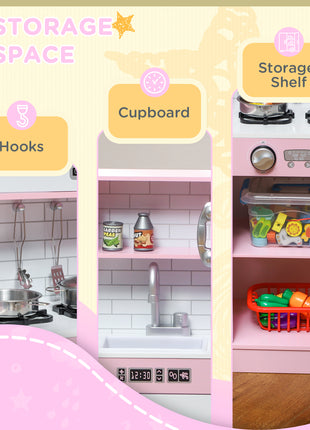 Pretend Play Kitchen, Kids Kitchen Playset with Play Phone, Chalkboard, Towel Rack & Ice Maker for 3-8 Years Pink