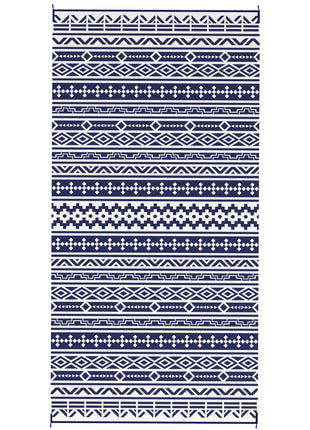 Reversible Outdoor Rug, Waterproof Plastic Straw with Carry Bag, 9' x 18', Blue & White Geometric Wall