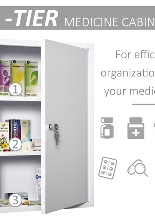 Steel Wall Mount Medicine Cabinet 3 Tier Emergency Box for Bathroom Kitchen, Lockable with 2 Keys - White