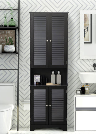 Tall Narrow Bathroom Storage Cabinet with Doors and Shelf Adjustability, Freestanding Linen Cabinet with 2 Cabinets and Countertop, Black